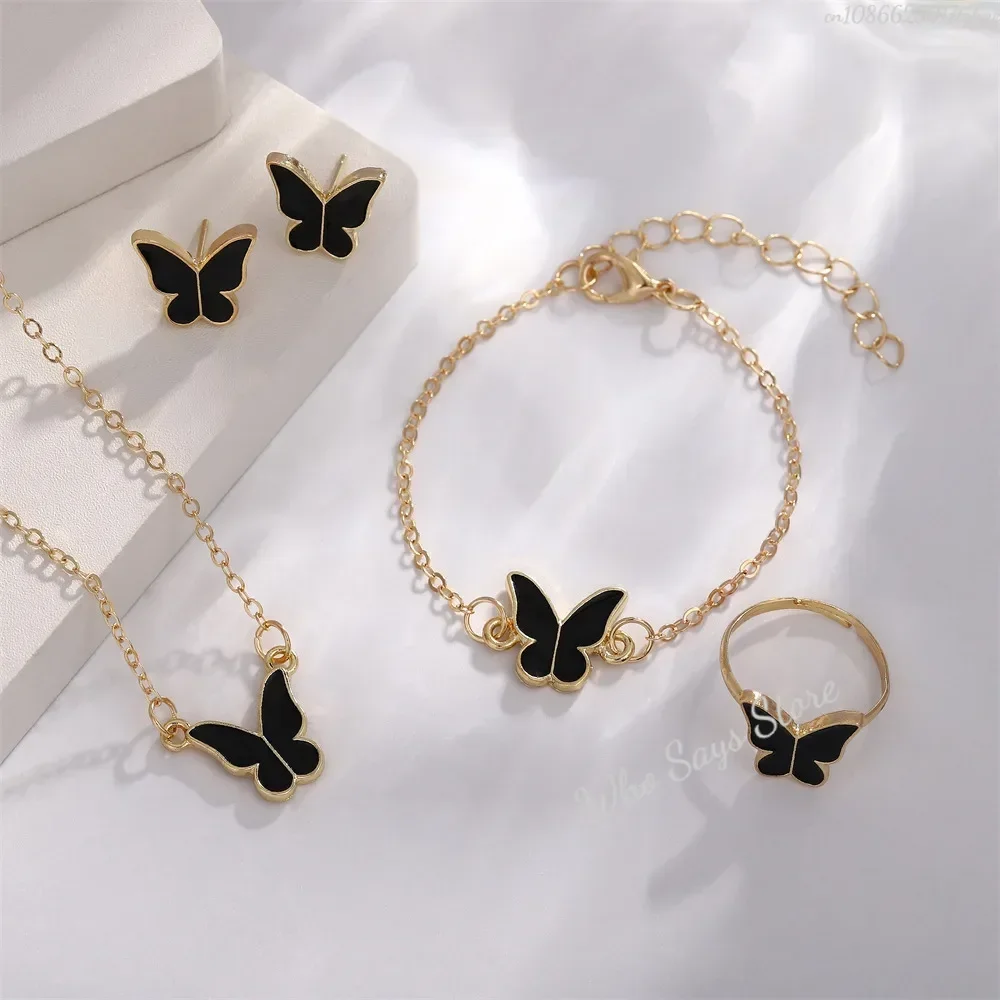 Ensembles de bijoux papillon en cristal acrylique, Bracelet romantique, bague, collier, boucles d'oreilles, accessoires pour robe de dîner de mariage pour femmes: Couleur or