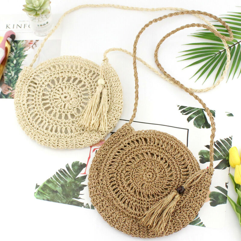 Bohemen stijl tassen Vrouwen Strozak Retro Rotan Handtas Geweven Zomer Strand Schoudertassen Ronde Tote Ronde Diameter 28x25CM