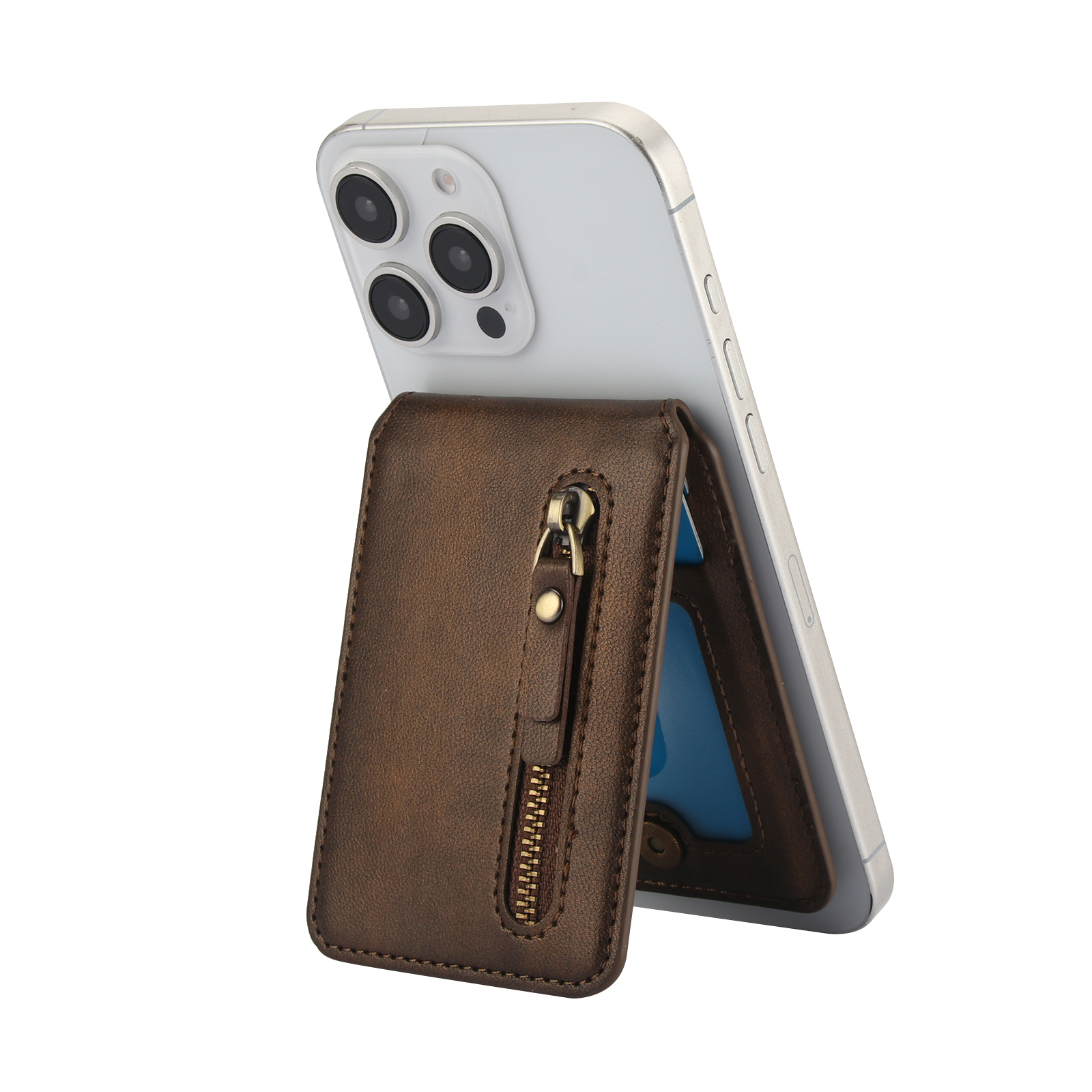 Magnetisk kortholder med glidelås, lommebok med vertikal åpning til magsafe, til iphone 16 pro max , 15 14 12, 13 deksel, tilbehør, veske: Brun