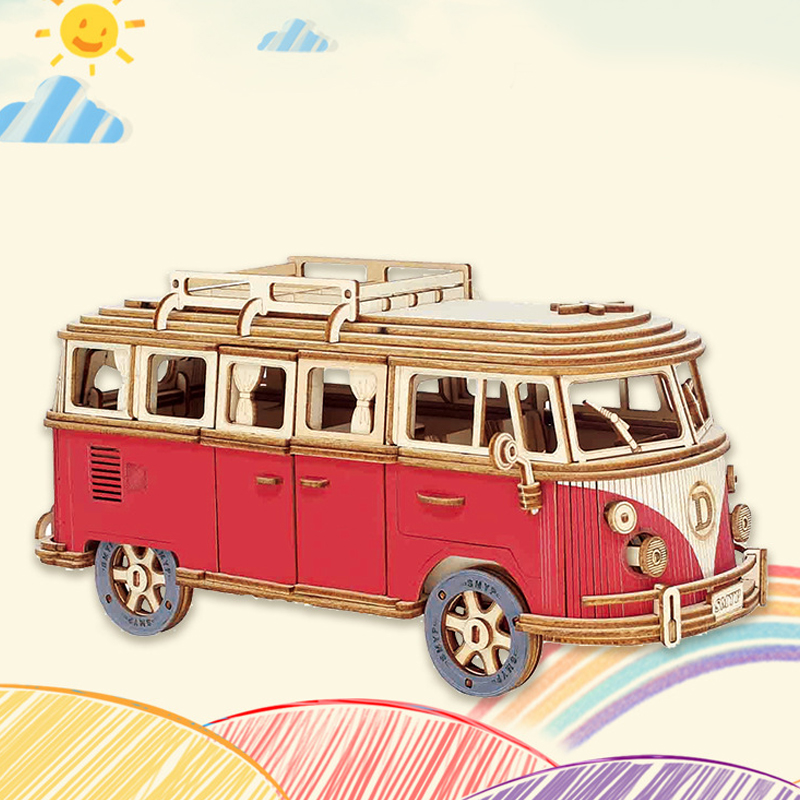 3D Wooden Puzzle Retro Bus European-style Campervan Assembled Car Model DIY Hands-on Ability Cultivate Toys For Children