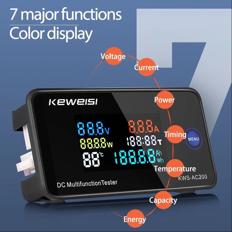 KWS-DC-200 Digitales Voltmeter, Amperemeter, DC 0–200 V, KWS Energie Energie Meter, LED-Farbe, DC, elektrisches Wattmeter mit zurücksetzen-Funktion, 0–100 A
