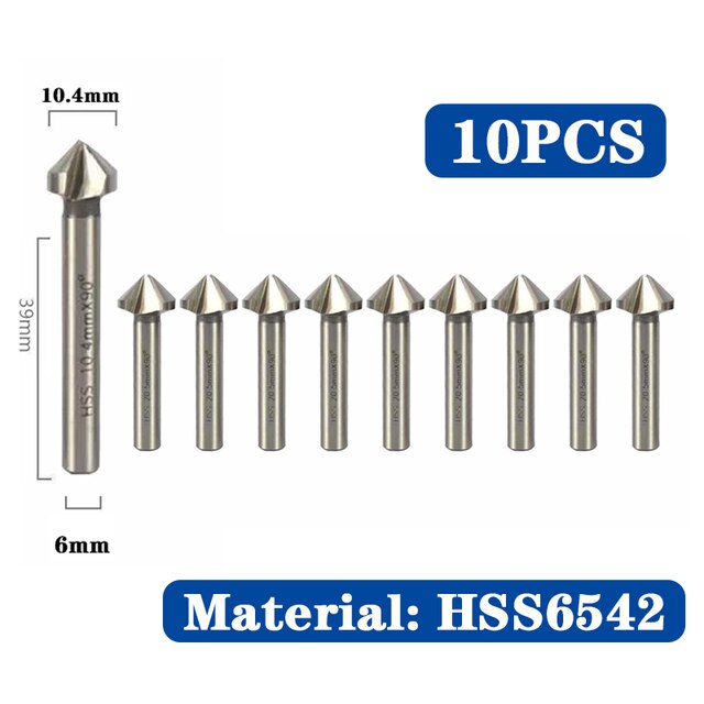 HSS Chamfer Chamfering Cutter End Mill Tool Countersink Drill Bit Set To Wood Stell Chamfer Cutter Power Tool 3 Flute 90 degree: 6542 10pcs 10.4mm