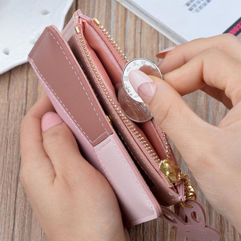 Kvinders kort pung pu læder kontrast kvast lynlås sød kanin mini clutch