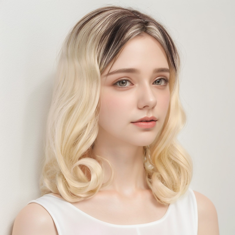 Skulderlangt kort hår litt krøllete hår midtskill gradient brun gull dame utkledningsparykk myk syntetisk varmebestandig og slitesterk egnet for daglig utkledning og fest cosplay-parykk festartikler hårfrisyre utkledning