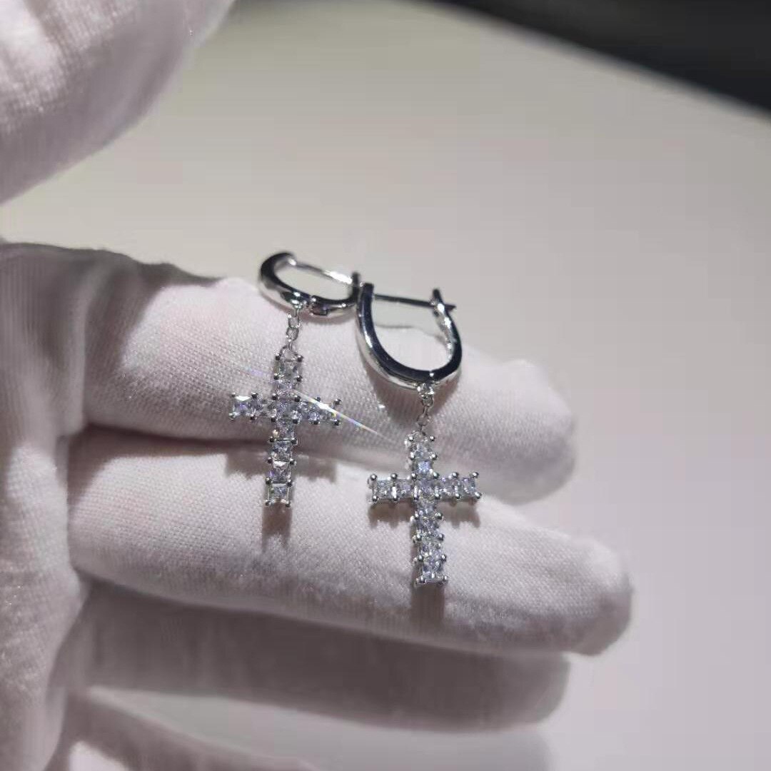 Hip Hop Micro Paved Cubic Zirconia Bling Ice Out Cross Earring Men Women CZ Earrings Male Jewelry