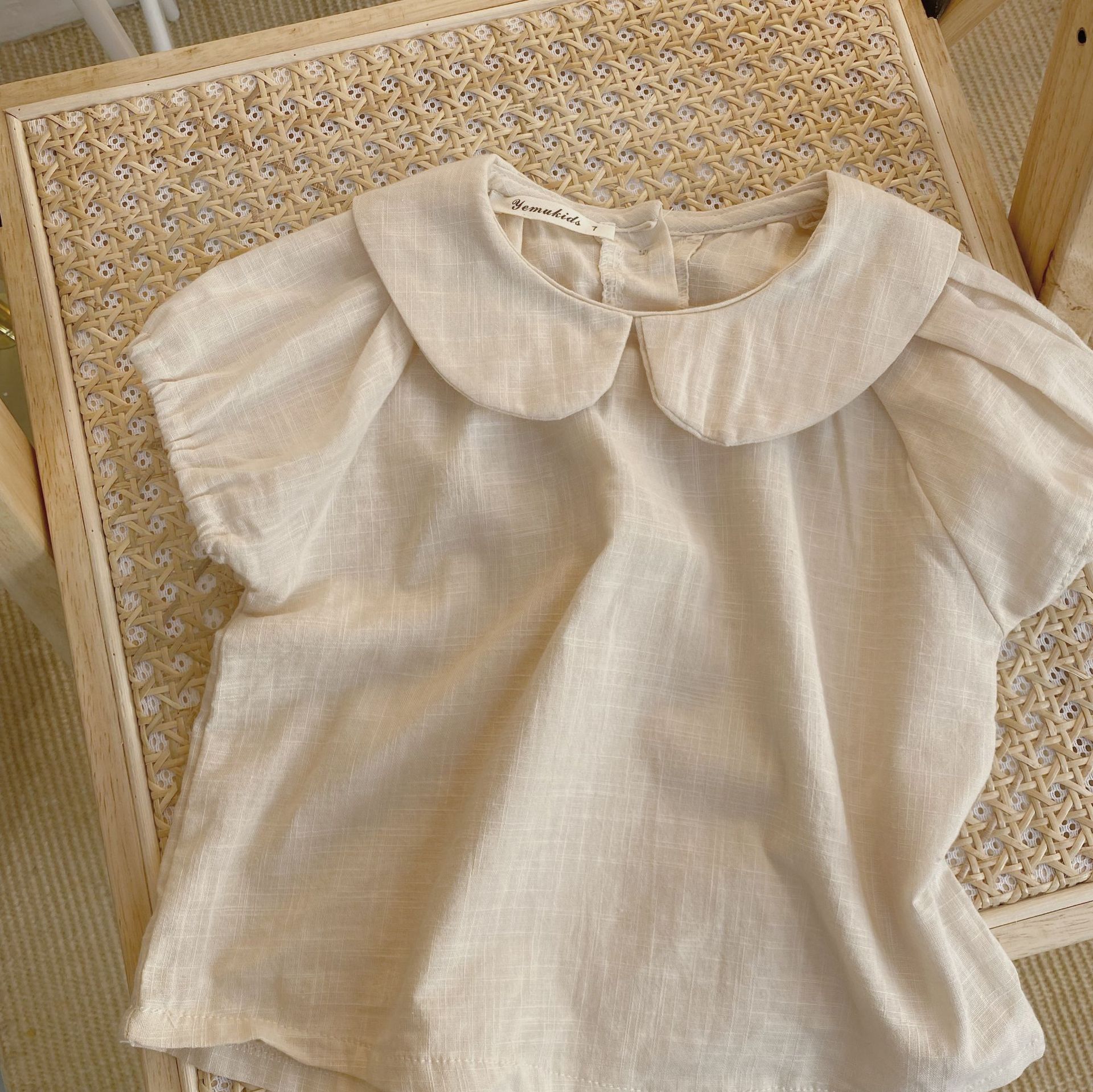 1752B 2022 camicie per bambini estive nuove ragazze coreane camicetta bavero tinta unita manica corta cotone lino camicie per bambini: 120 for 5y