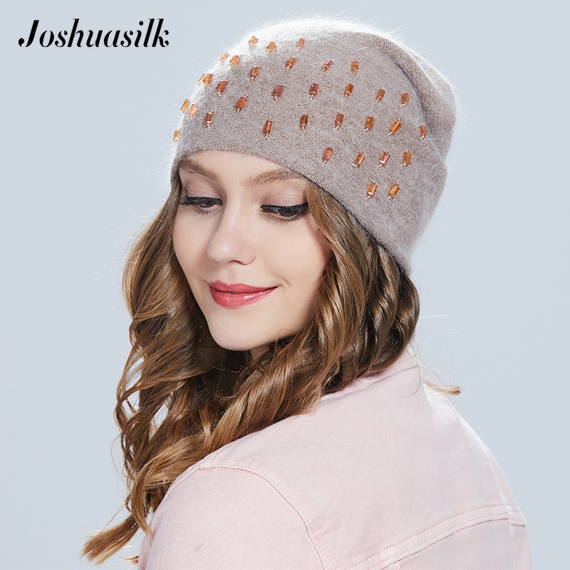 Joshuasilk damehue efterår vinter angora strikket varm hue smykker: C08