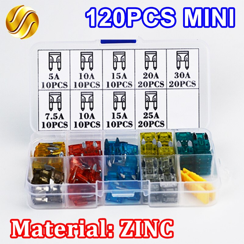 Fusible MINI para coche, 5A, 7,5a, 10A, 15A, 20A, 25A, 30A, surtido de cinc, fusible de tipo cuchilla automático, fusible para barco, camión, SUV con Clip para caja, 120 unidades