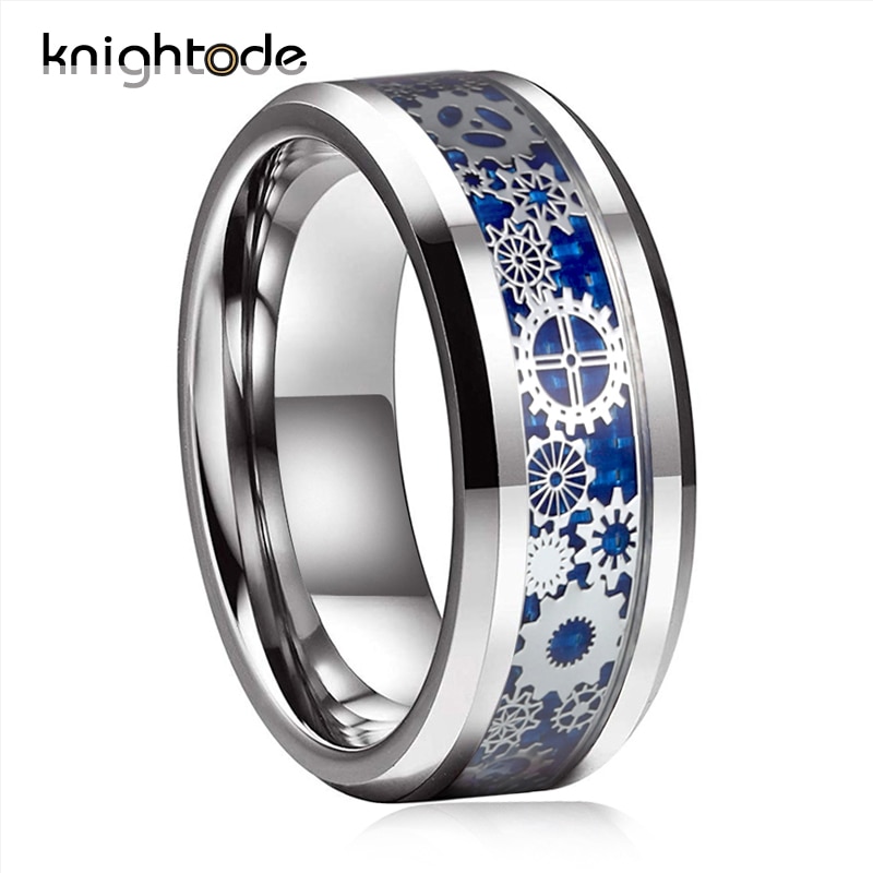 Mannen Vrouwen Wedding Band Mechanische Versnelling Wiel Wolfraam Stalen Ring Afgeschuinde Randen Met Blue Carbon Fiber Inlay Vinger Sieraden