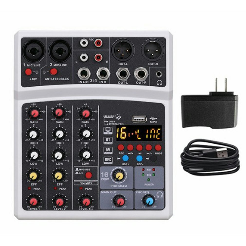 Protable Mini Mixer Audio DJ Console 4-channel with Sound Card, USB, 48V Phantom Power for PC Recording Singing Webcast Party: BLAck US plug