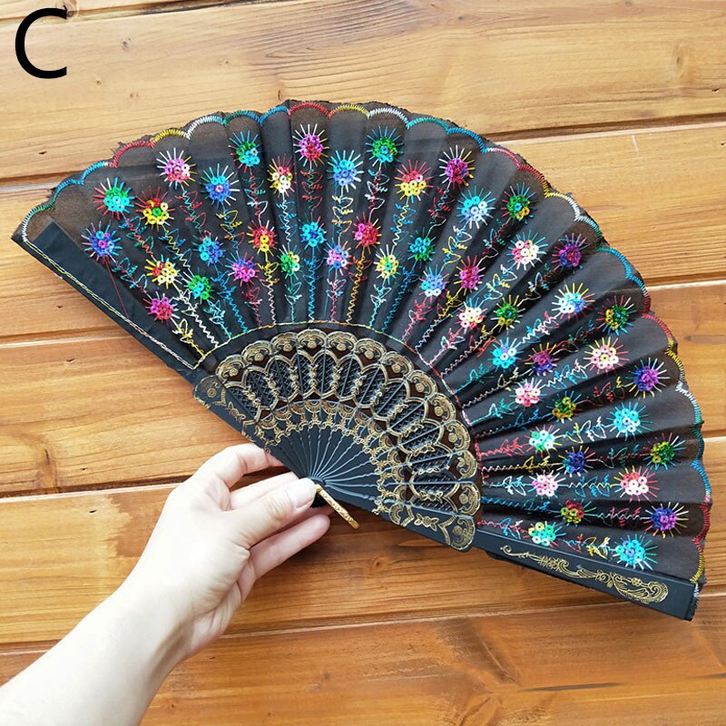 Art Fan Folding Tail Feather Plastic Bone Sequins Carved Hand Fan Summer Accessory Crafts Print Home Decor Embroidery: C