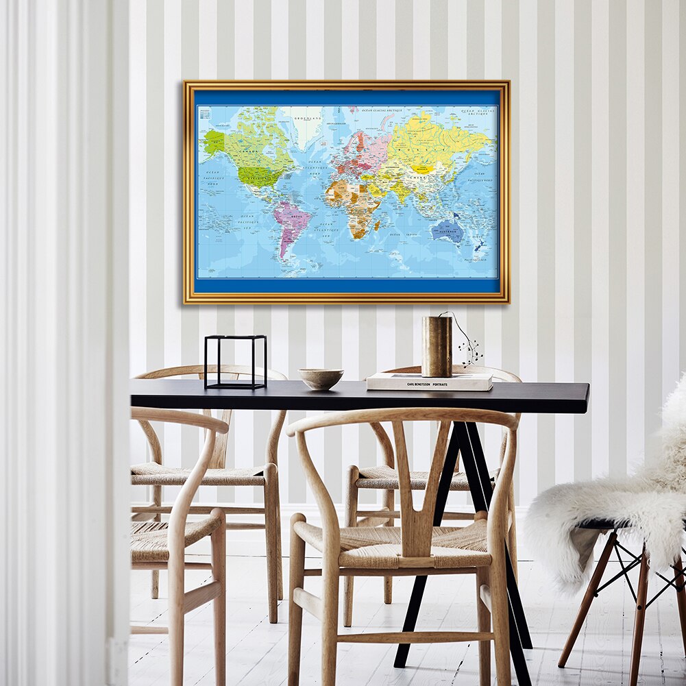 84*59cm The World Political Map In French Canvas Painting Retro Wall Art Poster School Supplies Living Room Home Decoration