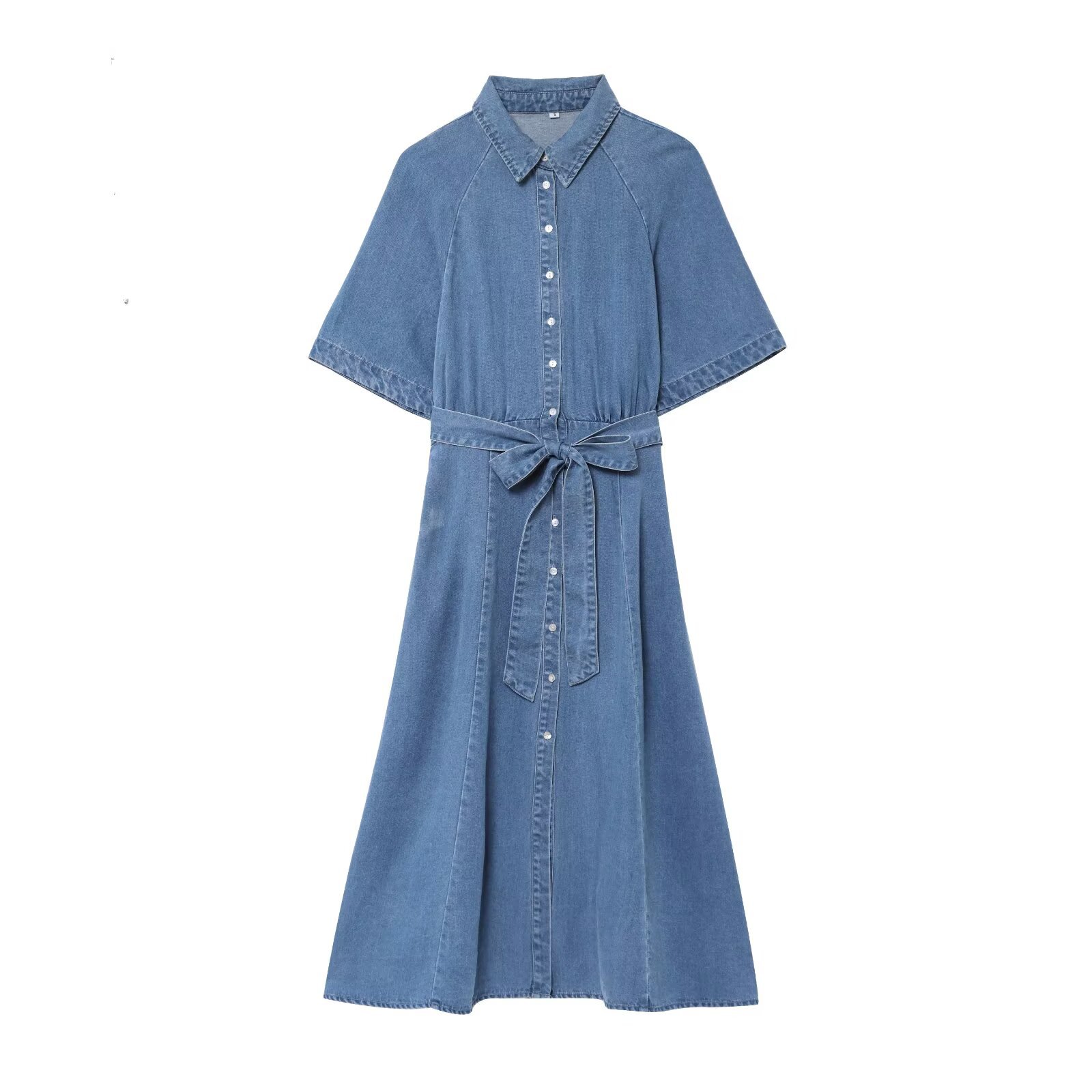 ZBZA Robe en jean à lacets pour femmes, revers, manches courtes, simple boutonnage, jupe mi-longue trapèze, printemps été, nouvelle jupe longue décontractée chic: L