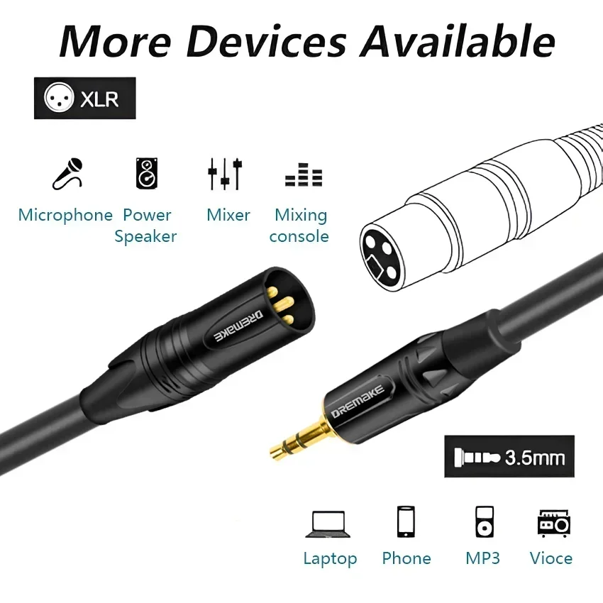 Kabel XLR do 3,5 mm Niesymetryczny męski XLR do 1/8 cala Stereo Jack Aux Kabel mikrofonowy do telefonu komórkowego Mikser głośników do laptopa