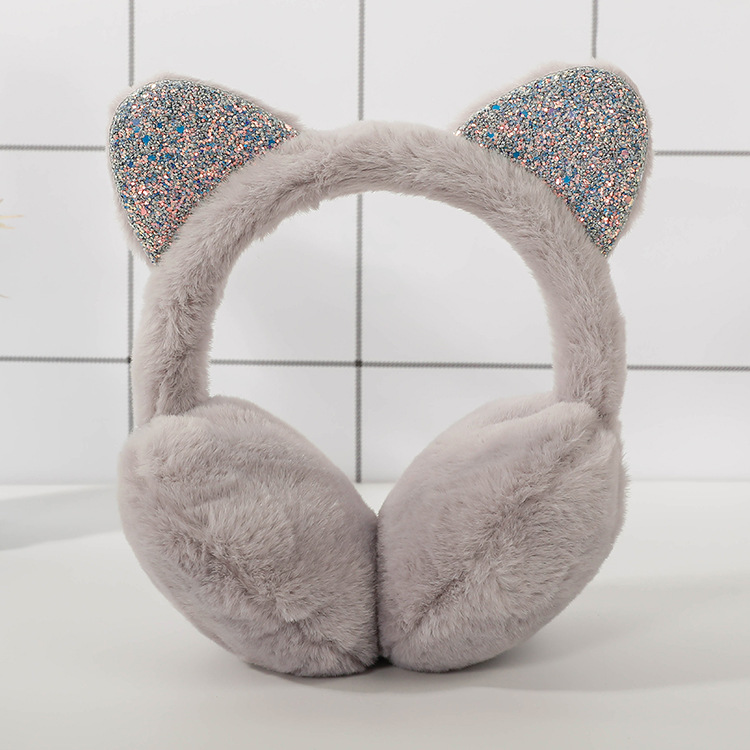 Søde paljetter ører vinter ørebeskyttere dyr børn ørebeskyttere kawaii øre varmere kat dækker ører til piger: Grå