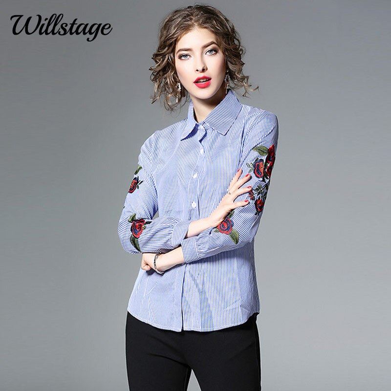 Willstage, blusa con bordado de rosas, camisas con estampados florales y a rayas para mujer, blusa de manga larga, ropa blanca, novedad de otoño , Tops femeninos