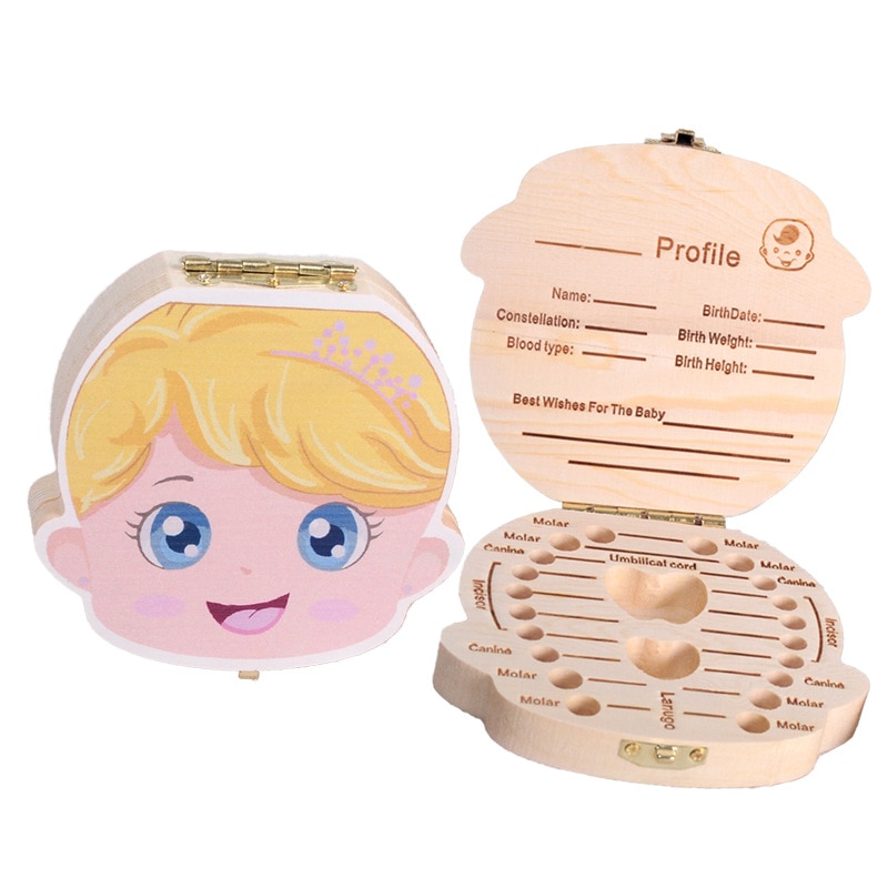 Caja de dientes de bebé colorido español inglés francés italiano caja de dientes de madera organizador guardar dientes de leche almacenamiento de madera