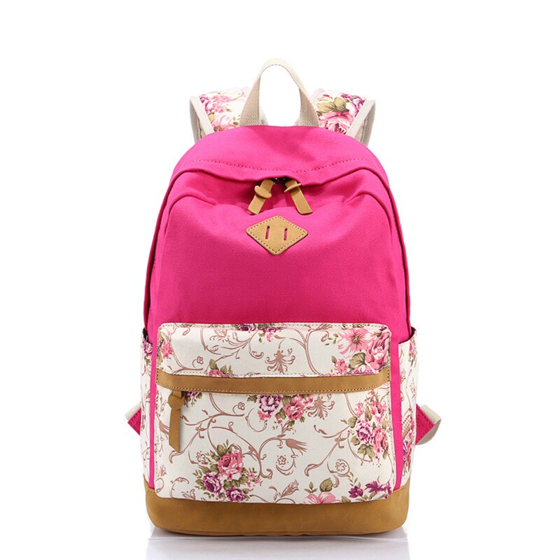 Scione canvas dames schooltas rugzakken voor meisjes mochila escolar bloemenprint computer laptop rugzak schoolrugzak  p112: Rozenrood