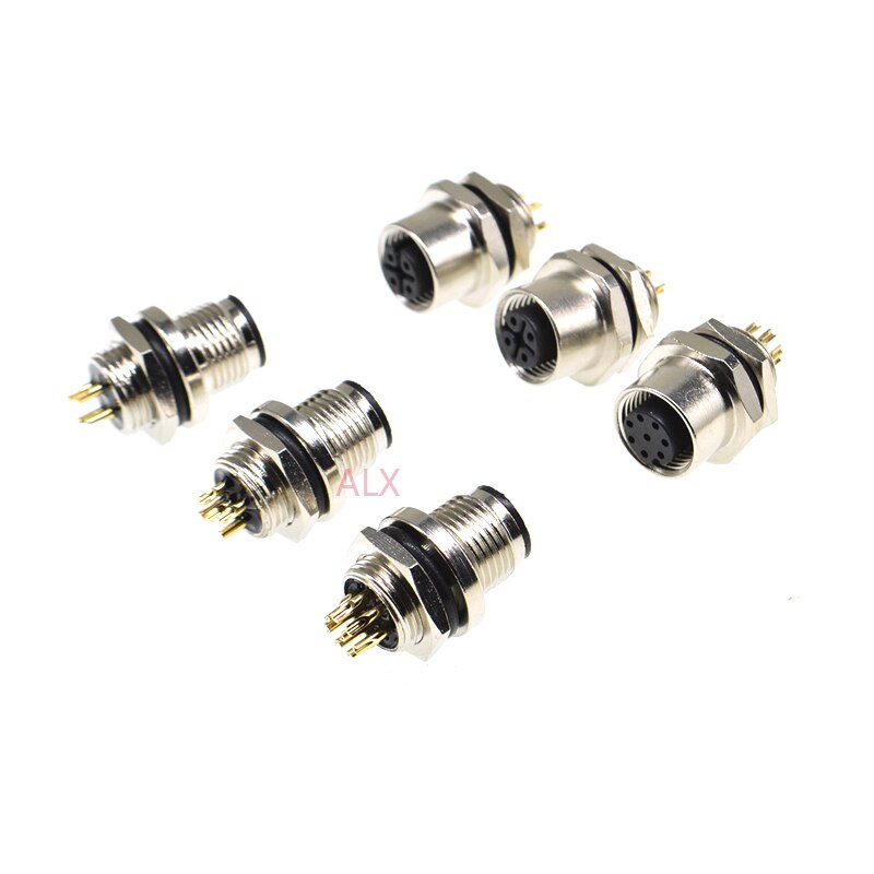 M12 waterproof sensor connector male &amp; female socket 4/5/8 pin panel back Mount wire cable connector Screw Threaded coupling