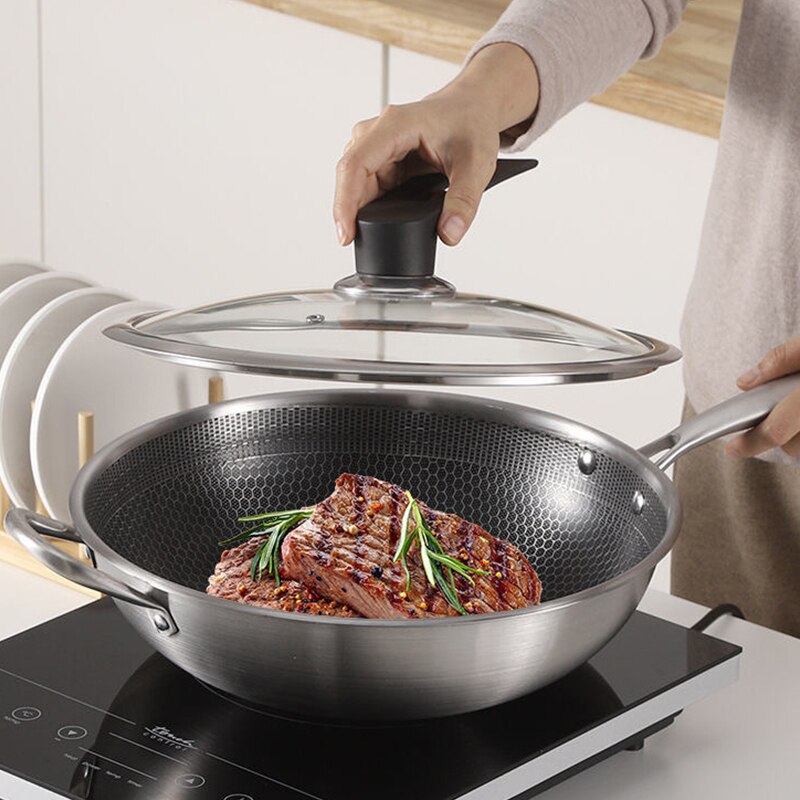 Rvs Wok Non-stick Pan Full Screen Honingraat Geen Lampblack Geen Coating Koekenpan Roestvrijstalen