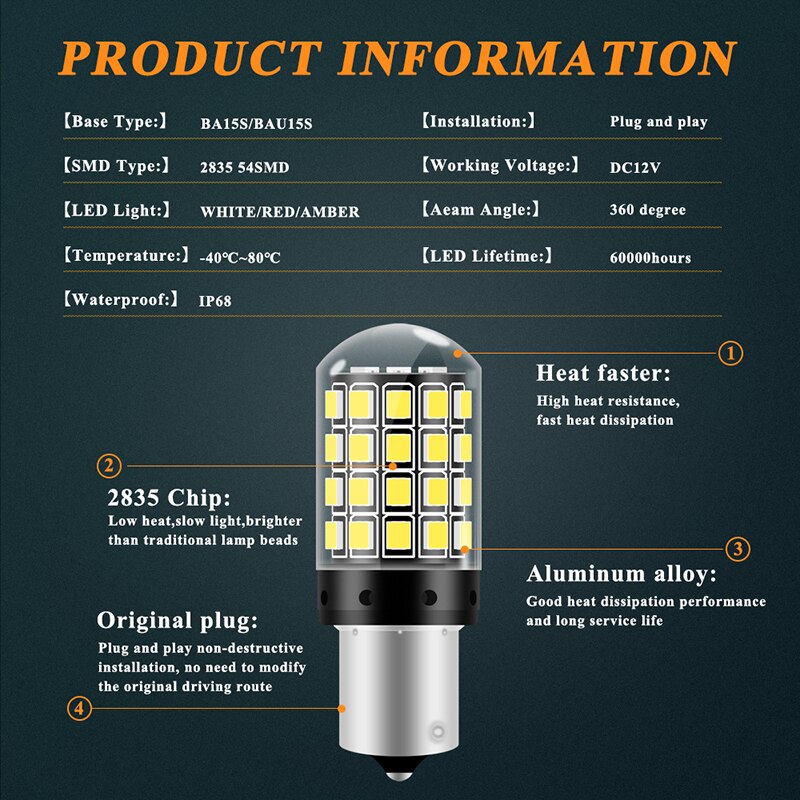 1PC P21w led py21w p21/5w LED BAU15 BA15S W21W T20 7440 7443 W21/5W 2835 54smd Light bulbs on cars Car Turn Signal Light