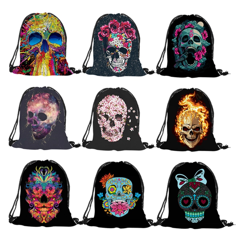 Punk Women Drawstring Bags Backpack Halloween Skull Print Newest Vintage College Students School Bagpack Girls Feminina Sack