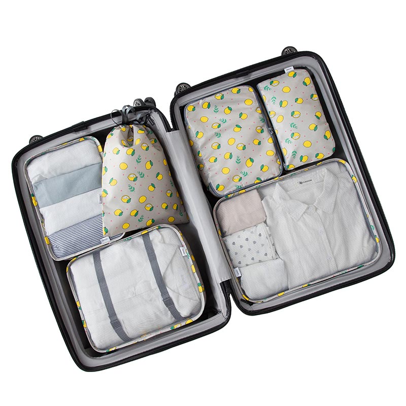 6Pcs/Set Waterproof Travel Bag Suitcase Packing Set Storage Organizer Portable Luggage Organizer Case Clothes Shoe Tidy Pouch: Gray lemon