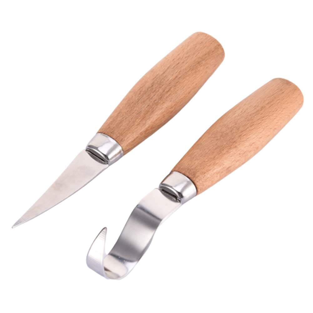 2Pcs/Set Stainless Steel Wood Carving Cutter Woodwork Sculptural DIY Wood Handle Spoon Curved Carving Knife: Default Title