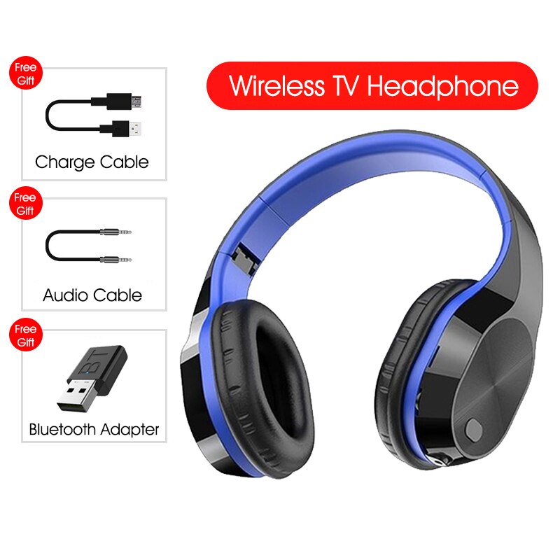 Wireless Headphones BT 5.0 HiFi Bluetooth Headset 9D Stereo Earphone With Transmitter Stick For TV Computer Phone: blue with BT
