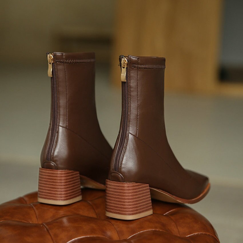 QUTAA PU Leder Herbst Winter Stiefeletten Karree Reißverschluss Damen Pumpen Platz hoch Hacke prägnant Frauen Schuhe Größe 34-39