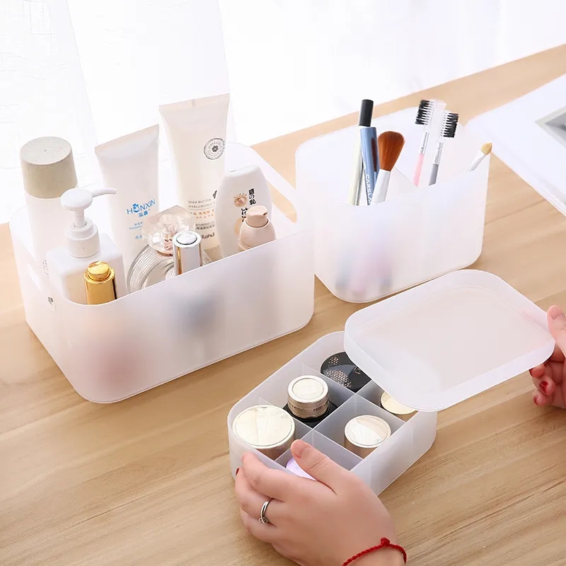 Caja de maquillaje con compartimentos de plástico transparente mate, almacenamiento de objetos, escritorio, organizador de cosméticos