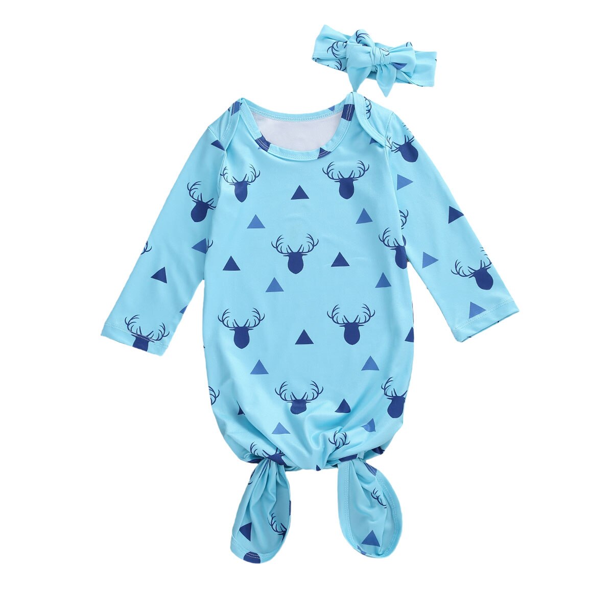 Emmababy 2020 outono infantil bebê meninas pijamas 2 pçs conjunto azul manga longa elk triângulo impressão topo + bandana recém-nascido 0-6m