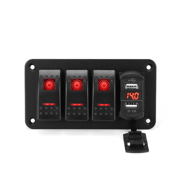 4 Gang LED Rocker Switch Panel Digital Voltmeter Dual USB Port 12V / 24V Outlet Combination Waterproof Car Marine Boat: Red