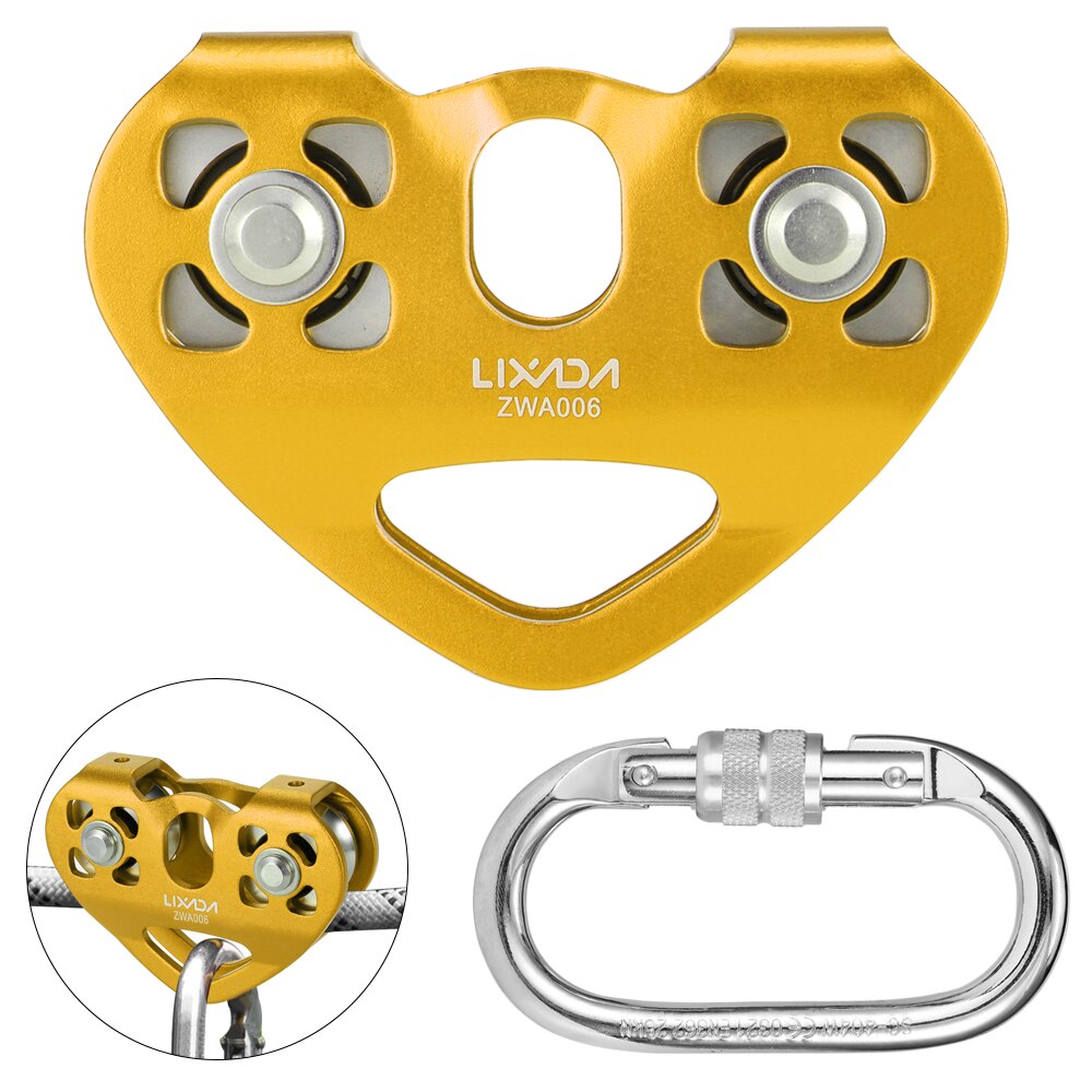 Lixada 30kN Cable Trolley Pulley Dual Pulley with 25kN Srew Locking Carainber For Rock Climbing Caving Aloft Work Rescue: Gold