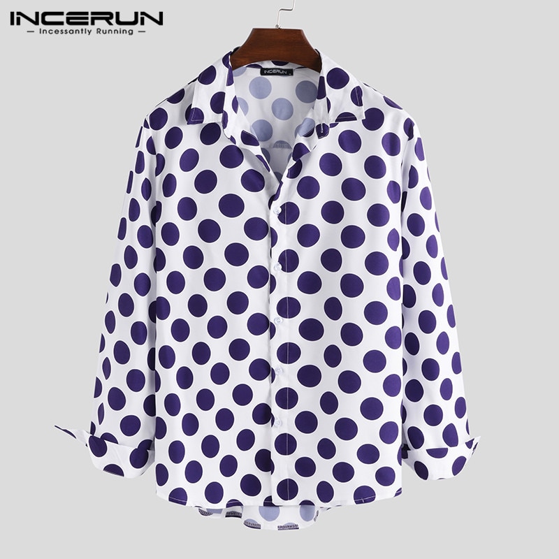 Men Casual Shirt Polka Dot Lapel Neck Hawaiian Tops Long Sleeve Button Chic Mens Brand Shirts Camisa INCERUN S-5XL: S