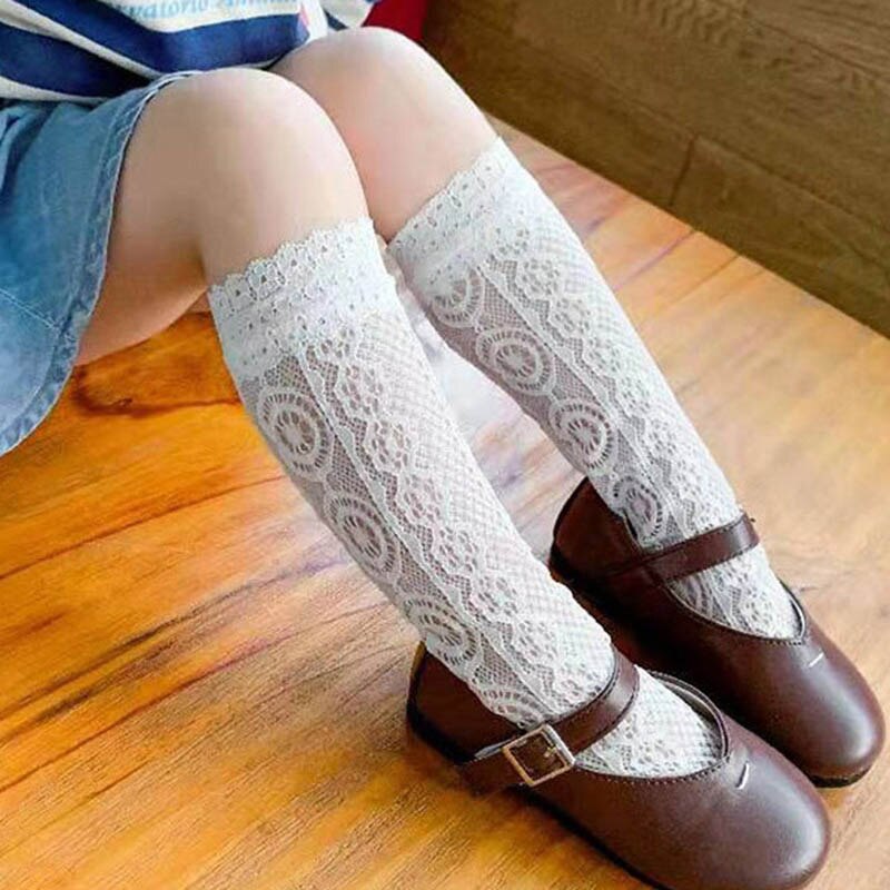 Chaussettes princesse en dentelle pour filles, couleur unie, hautes, en Nylon, pour enfants de 2 à 8 ans: white 2