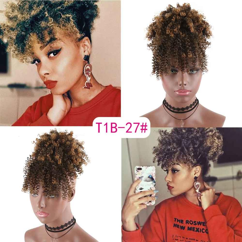 Hestehale puffeklip med højt hår i hårstykke afro kinky krøllet syntetisk snørehestehale med pandehår extensions: T1b 27