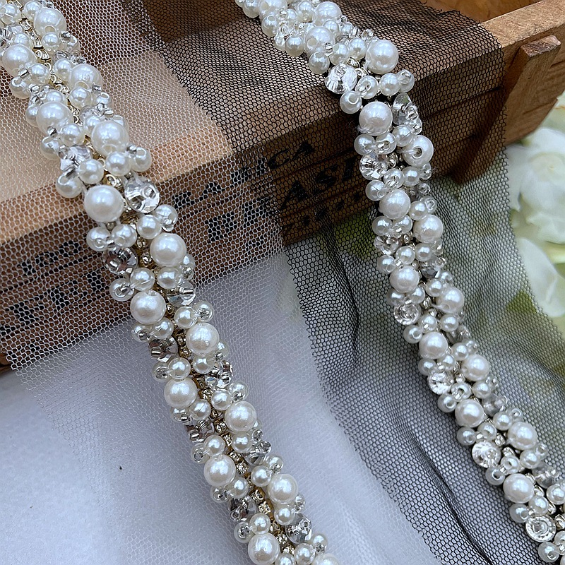 0.5 meter wit (45cm)  parelmoer kralen kantversiering handgestikte kristallen kralen kant lint stof naaimateriaal voor kleding