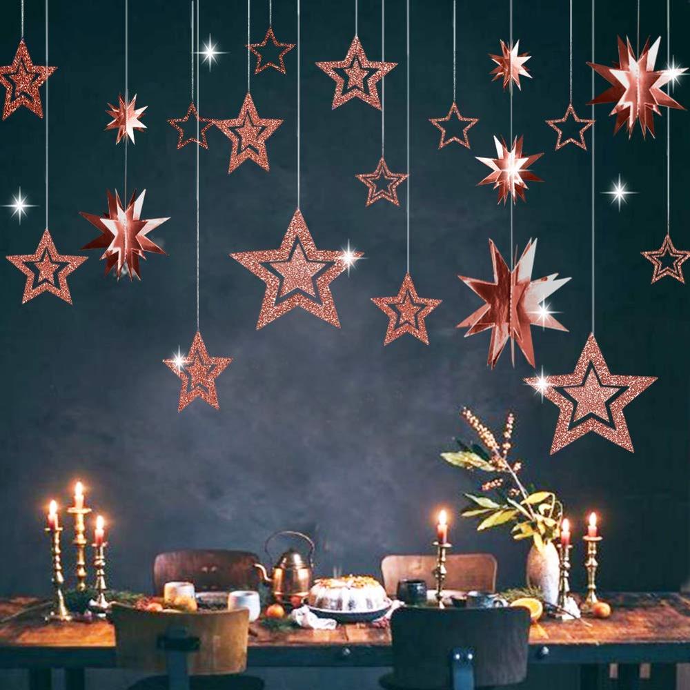Frozen Birthday Party Glitter Silver Hollow Star Garlands Metallic 3D Star Hanging Paper Garlands Baby Shower Party Supplies: 20Pcs Rose Gold