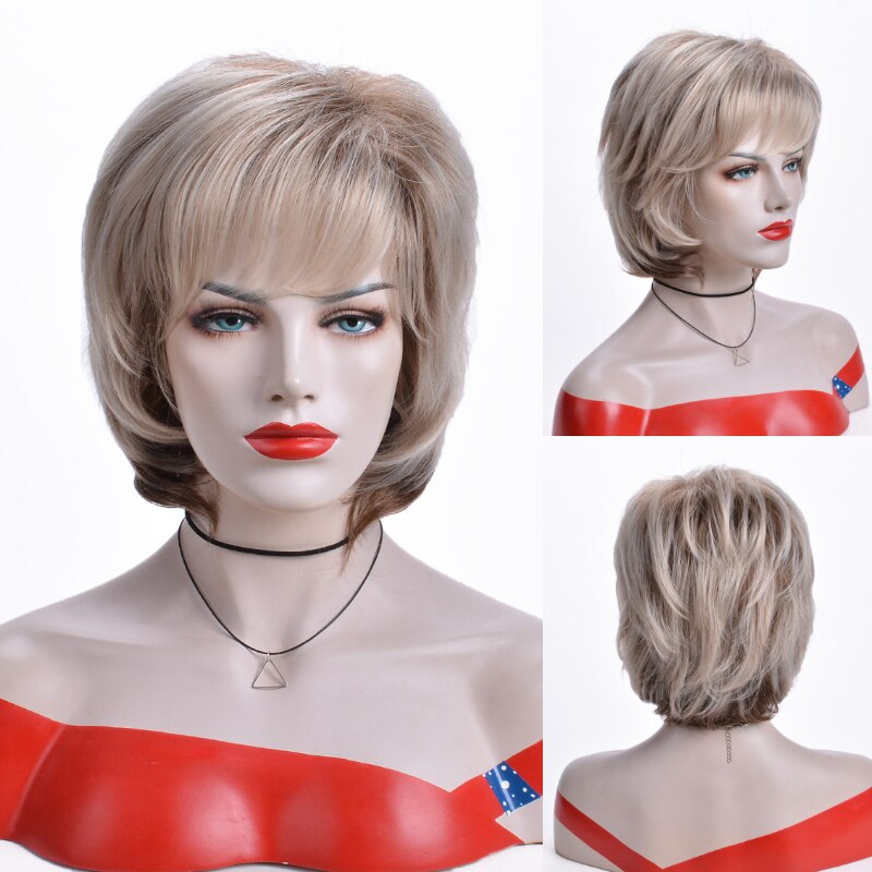 MSIWIGS Straight Short Wig for Elder Women Silver White Grey Synthetic Wigs with Bangs Natural Ombre Hair Africa American Wig