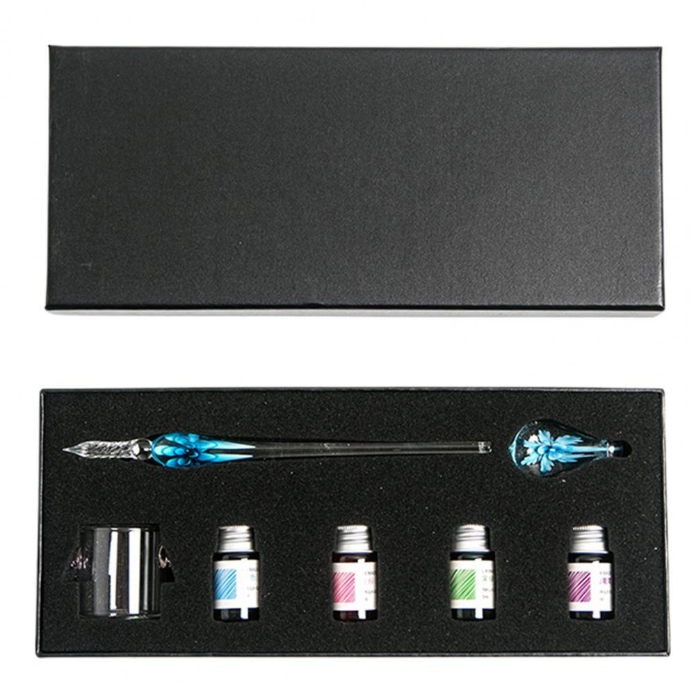 1 Set Glass Dip Pen with Ink Floral Glossy Fountain Pen Kit Smooth Writing Threaded Nib Crystal Ink Pen Set перо для письма 글라스펜: 7 Sky Blue