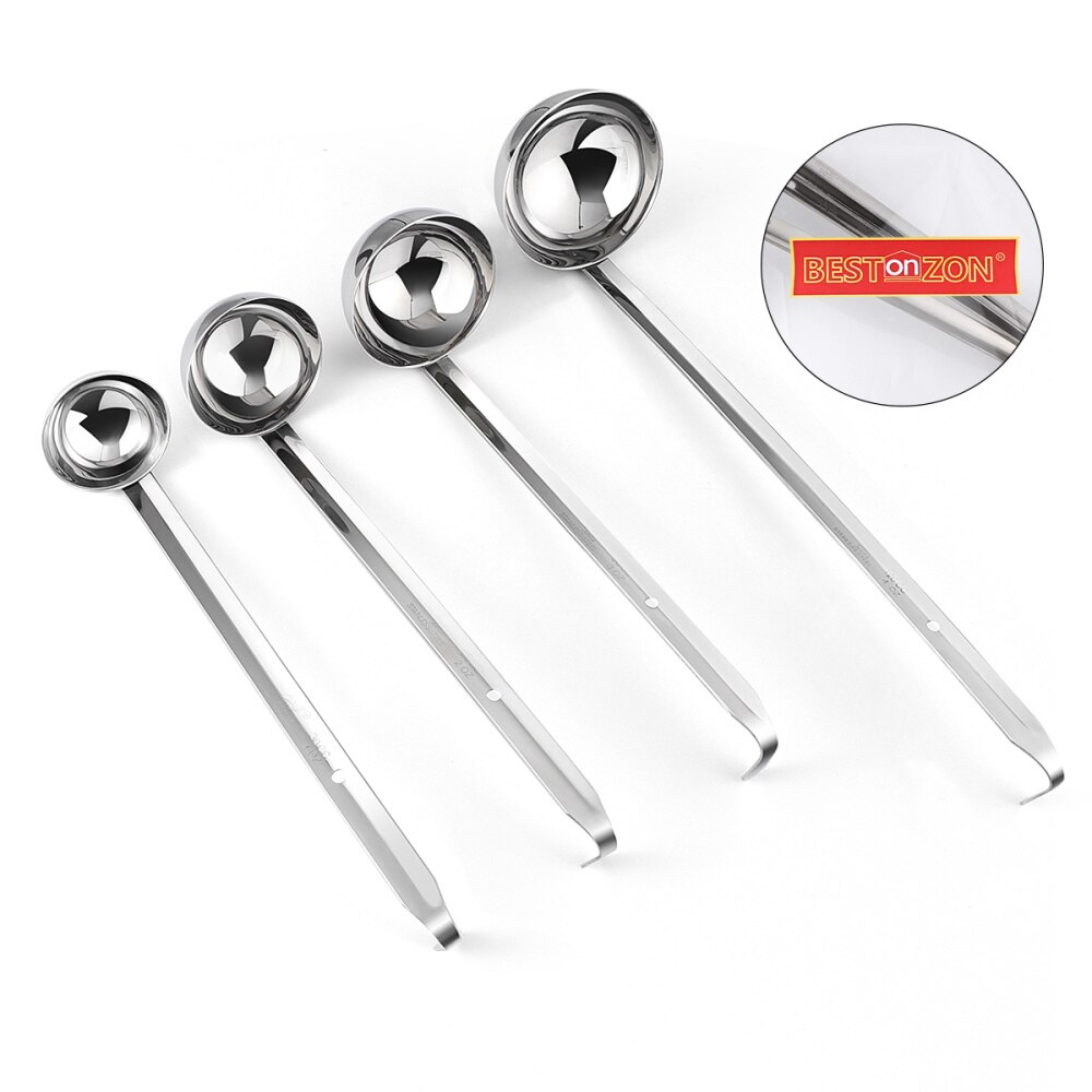 BESTONZON 4pcs Stainless Steel Spoons Hangable Soup Ladles Long Hangle Soup Serving Spoons for Home Kitchen Bar