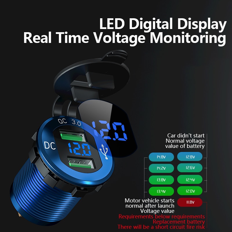 Quick Car Cigarette Lighter Socket 12V-24V QC 3.0 Car charger Waterproof Plug Power Outlet Adapter for Marine Boat Motorcycle