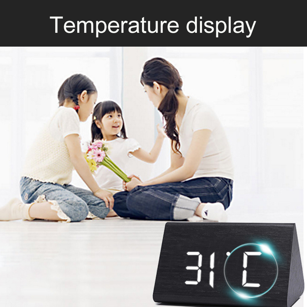 Digital Wooden USB LED Night Light Alarm Clock Thermometer Display Timepiece