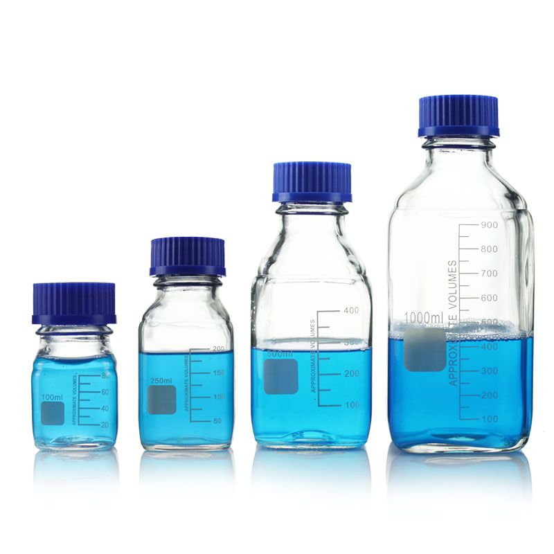 Blå låg reagensflaske glas firkantet flaske gennemsigtig med laboratoriereagensflaske 100/250/500/1000ml