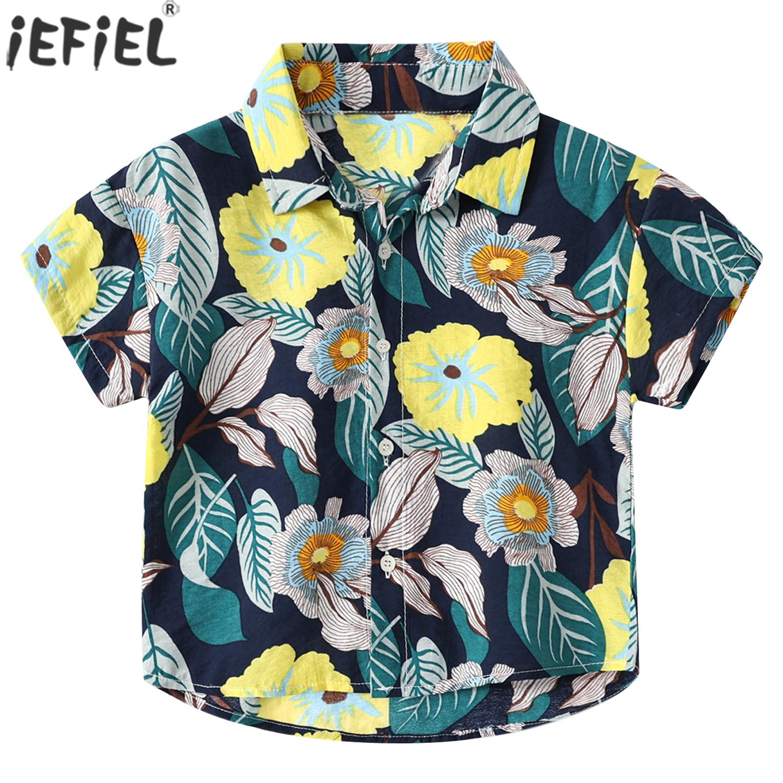 Camisa de manga corta con botones para niños, camisa informal con cuello vuelto, para playa, Verano