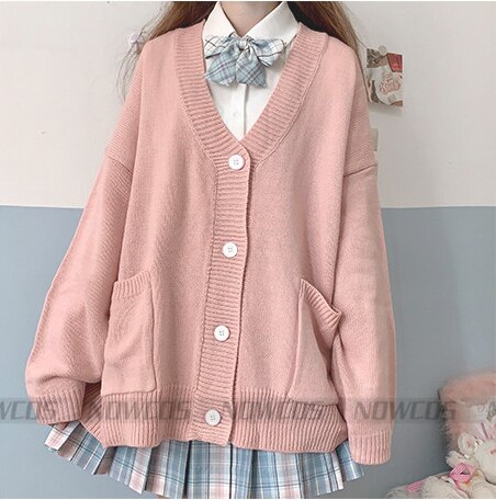 Skolepige uniform jk cardigan løs jk sweater frakke japansk skoleuniform japanske uniformer chandail: Lyserød / Xl