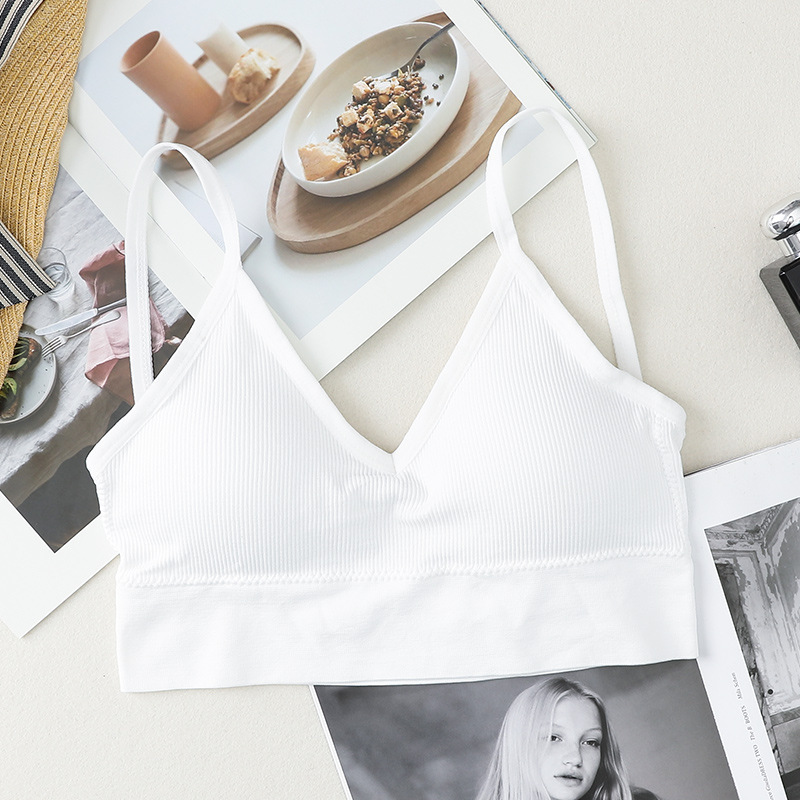 ATHVOTAR Women V-Neck Tube Top Bralette Soild Color Push Up Bra Padded Wireless Thin Shoulder Strap Top Bra Underwear: white