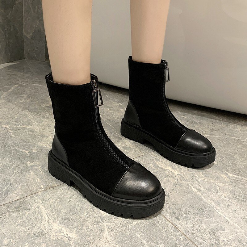 Botas negras de tacón cuadrado para mujer, zapatos cálidos de felpa con cremallera, para invierno,