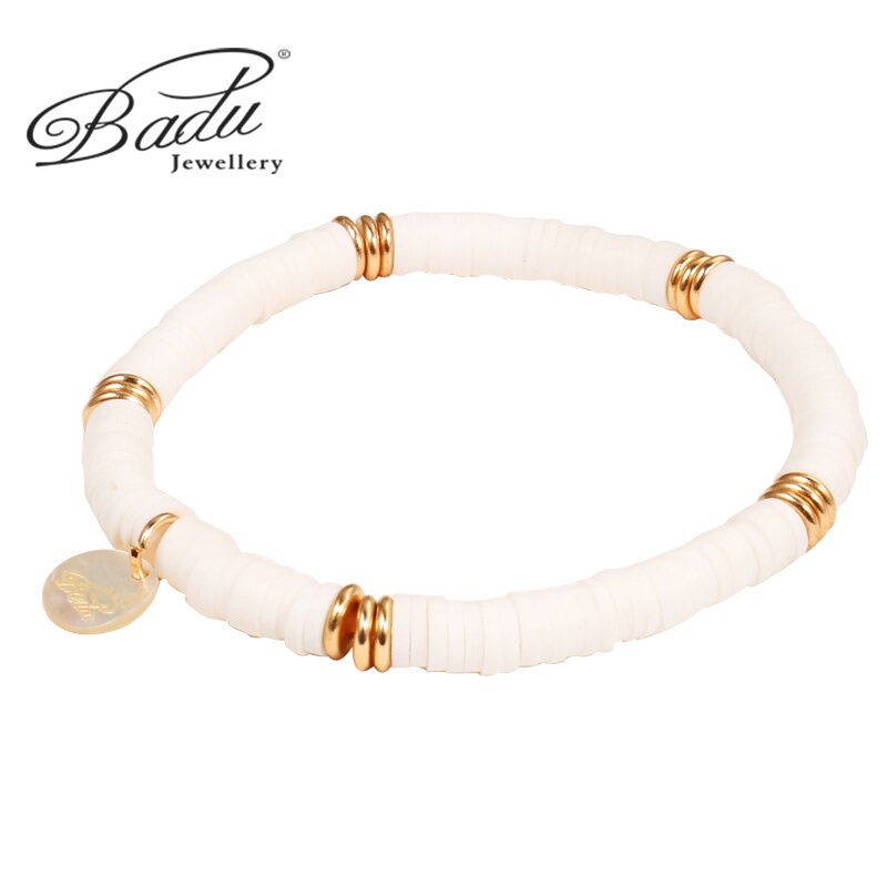 Pulseira de contas de argila e badu, bracelete com berloque de polímero e argila, boho, joia para mulheres, dia das bruxas, bracelete: white